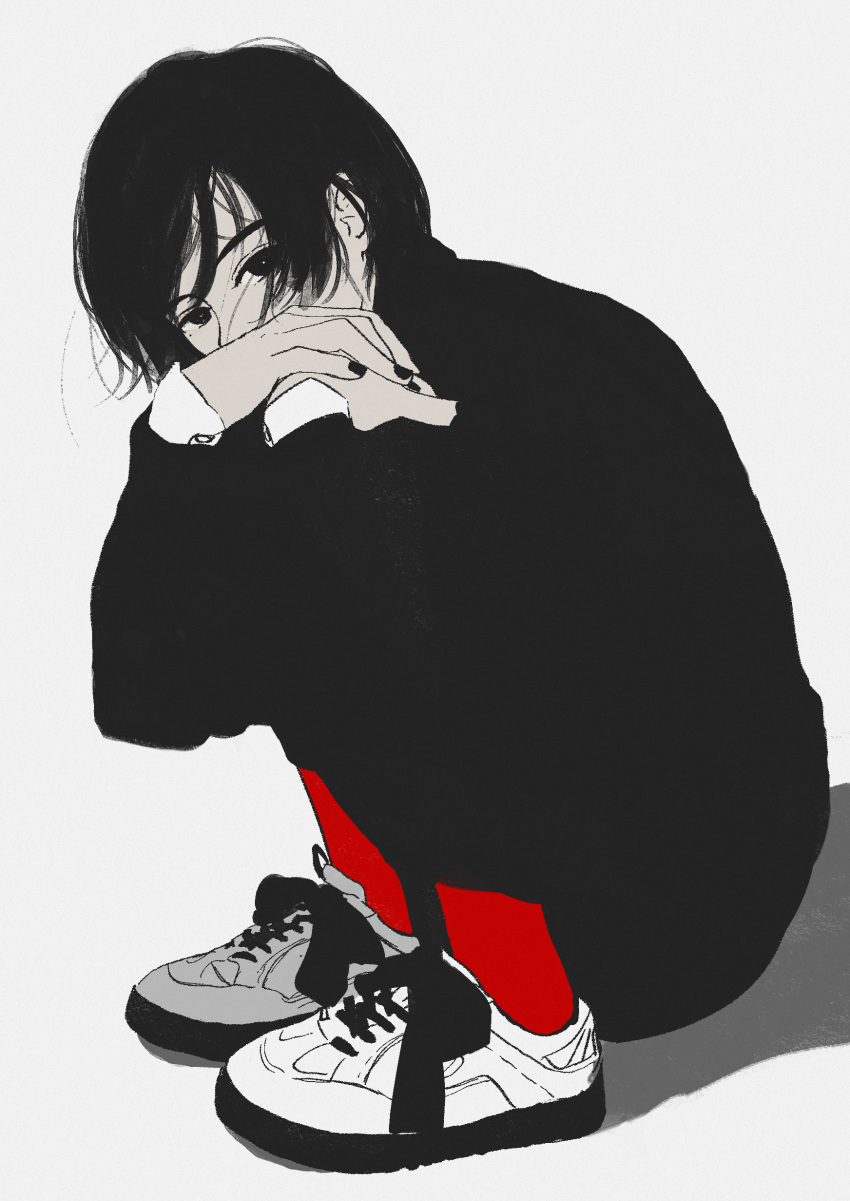 1other absurdres akino_kogomi ambiguous_gender bangs black_eyes black_hair black_nails covered_mouth hands_on_own_knees highres knees_up limited_palette looking_at_viewer nail_polish original own_hands_together red_legwear shoes short_hair sleeve_cuffs sneakers solo spot_color squatting swept_bangs