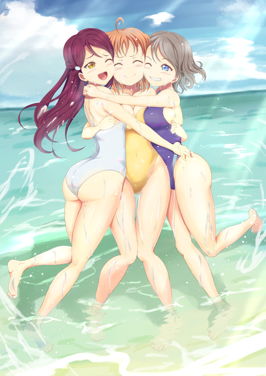 3girls absurdres ahoge blue_eyes blue_swimsuit casual_one-piece_swimsuit closed_eyes commentary_request commission competition_swimsuit facing_viewer grey_hair hair_ornament hairclip half_updo highres horizon hug long_hair love_live! love_live!_sunshine!! multiple_girls ocean ofuchobetto_shirai one-piece_swimsuit orange_hair redhead sakurauchi_riko short_hair splashing swimsuit takami_chika watanabe_you water white_swimsuit yellow_eyes yellow_swimsuit