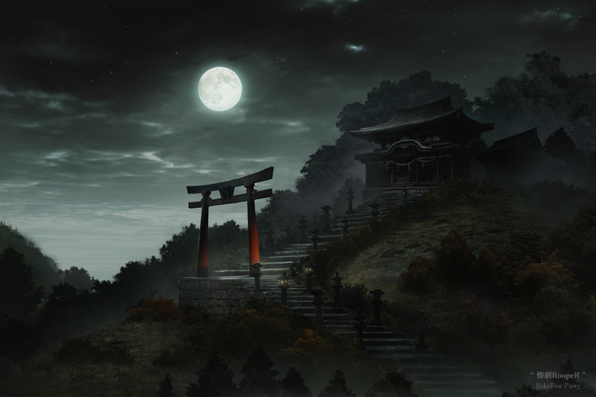 cinkai clouds cloudy_sky commentary_request full_moon lantern moon night no_humans original outdoors scenery shrine sky stairs torii tree