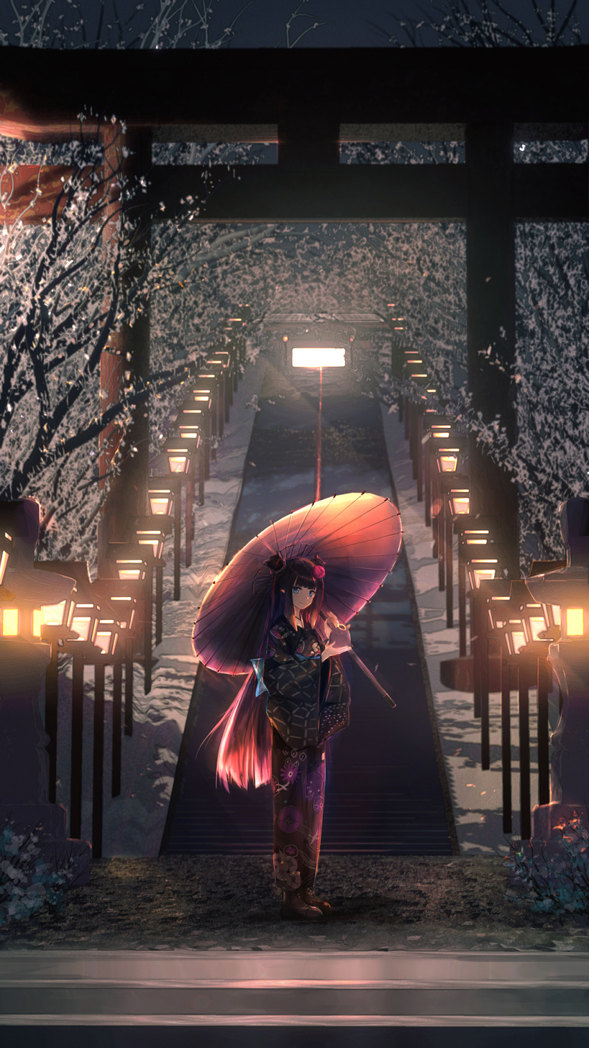 1girl black_hair black_kimono blue_eyes commentary double_bun full_body highres hololive hololive_english japanese_clothes kimono lamppost long_hair long_sleeves looking_at_viewer ninomae_ina'nis oil-paper_umbrella smile solo stairs tako_(ninomae_ina'nis) tallgeese_(lgeesel) torii tree umbrella very_long_hair virtual_youtuber wide_sleeves