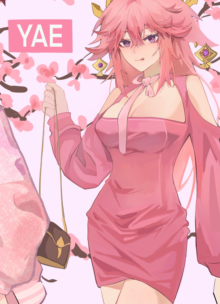 2girls absurdres animal_ears bag bangs bare_shoulders branch character_name cherry_blossoms closed_mouth dress earrings fox_ears genshin_impact highres holding holding_bag jacket jewelry long_hair long_sleeves multiple_girls pink_background pink_dress pink_hair pink_jacket shiba257 tongue tongue_out violet_eyes yae_miko