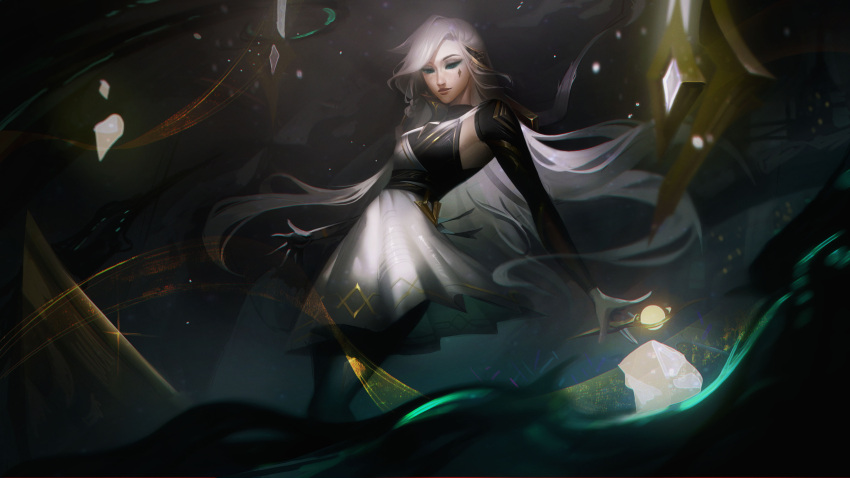 1girl absurdres alternate_costume armpits bangs black_dress black_eyes black_legwear black_sleeves breasts closed_mouth detached_sleeves dress facial_tattoo feet_out_of_frame grey_dress grey_hair highres holding league_of_legends long_hair looking_at_viewer medium_breasts pantyhose sentinel_(league_of_legends) seraphine_(league_of_legends) shiny shiny_hair solo tattoo vincent_t_(oriaarts)