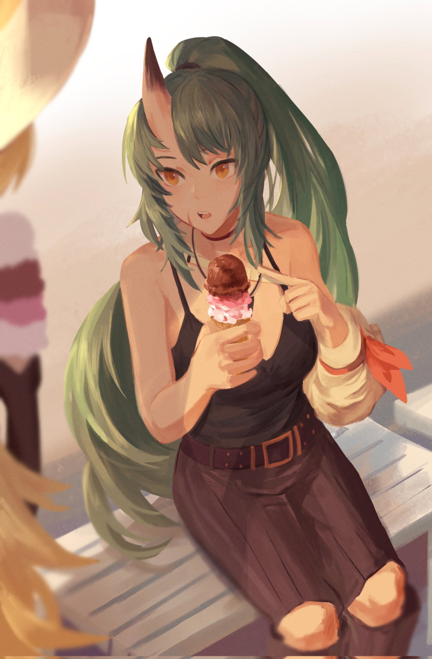 2girls arknights bare_shoulders belt belt_buckle black_pants blonde_hair breasts buckle camisole clothing_cutout collarbone day detached_sleeves food green_hair highres holding holding_food horns hoshiguma_(arknights) ice_cream_cone jewelry long_hair long_sleeves looking_at_another looking_to_the_side medium_breasts multiple_girls necklace official_alternate_costume open_mouth orange_eyes outdoors pants ponytail scar scar_on_face single_detached_sleeve sitting skin-covered_horns skyregalias solo_focus swire_(arknights) very_long_hair