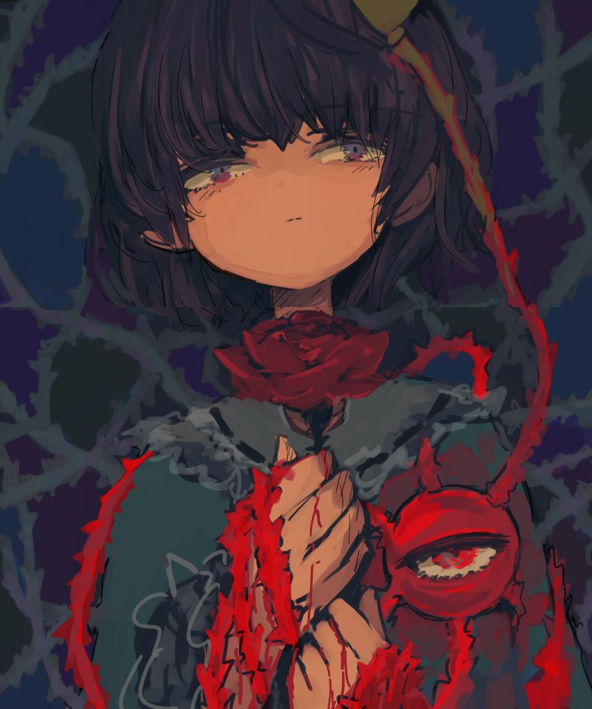 1girl :| abstract_background absurdres bangs bleeding blood blood_on_clothes blood_on_hands blouse blue_blouse blunt_bangs closed_mouth expressionless eyebrows_visible_through_hair flower frilled_shirt_collar frilled_sleeves frills hair_ornament hands_up heart heart_hair_ornament highres holding holding_flower ichinose_(kurui96) komeiji_satori plant purple_hair red_eyes red_flower red_rose ribbon_trim rose short_hair solo third_eye thorns touhou upper_body vines violet_eyes