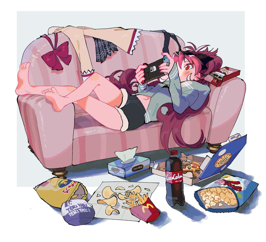 1girl blush bow bowtie bowtie_removed chips couch domino's_pizza folded_leg food french_fries highres jacket jewelry long_hair mahou_shoujo_madoka_magica messy_hair navel nintendo_switch pizza playing_games pocky ponytail popcorn potato_chips red_eyes redhead relaxing ring sakura_kyouko shorts simple_background symbol-only_commentary tissue_box tsurime yooki_(winter_cakes)