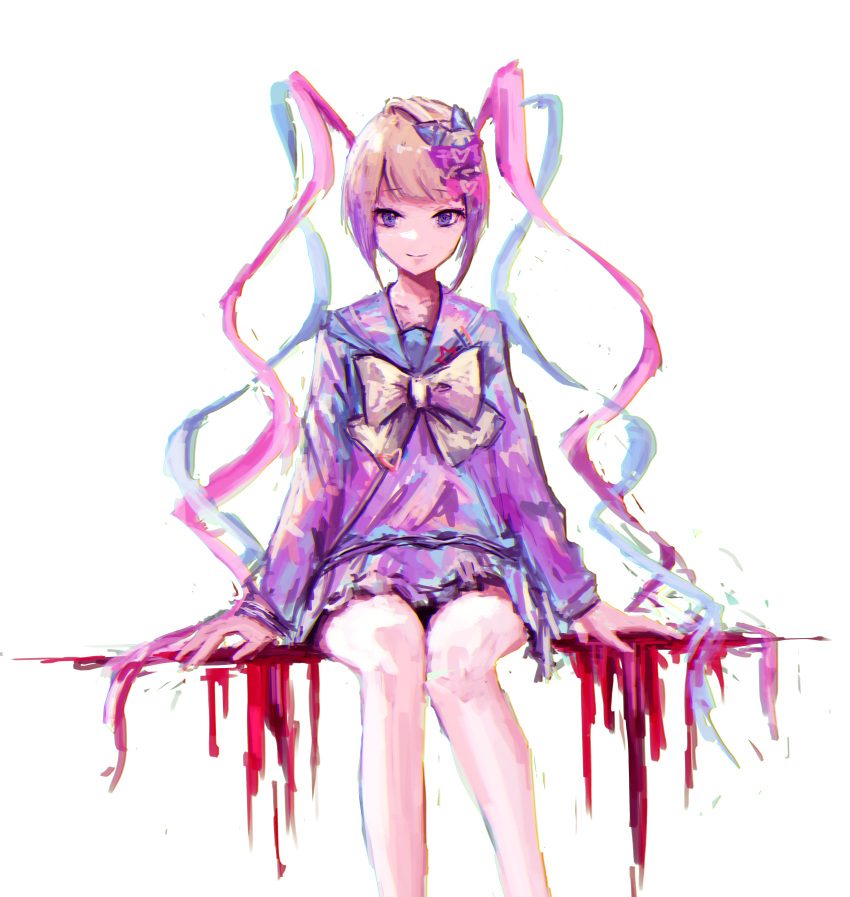 1girl absurdres blood blood_on_clothes blood_splatter blue_bow blue_hair bow chouzetsusaikawa_tenshi-chan drill_hair hair_bow heart highres holographic_clothing k6tetsu large_bow long_sleeves looking_at_viewer multicolored_hair needy_girl_overdose pink_bow pink_hair purple_bow sidelocks simple_background sitting skirt smile solo thighs twin_drills violet_eyes white_background white_hair wig yellow_bow