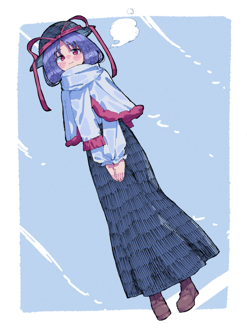 1girl bangs black_headwear blue_background blue_dress blush blush_stickers boots breath brown_footwear capelet closed_mouth commentary dress eyebrows_behind_hair frilled_capelet frilled_sleeves frills full_body hat hat_ribbon highres long_sleeves nagae_iku nama_udon own_hands_together parted_bangs purple_hair red_eyes red_ribbon ribbon scarf short_hair simple_background smile solo standing touhou v_arms white_capelet white_scarf white_sleeves