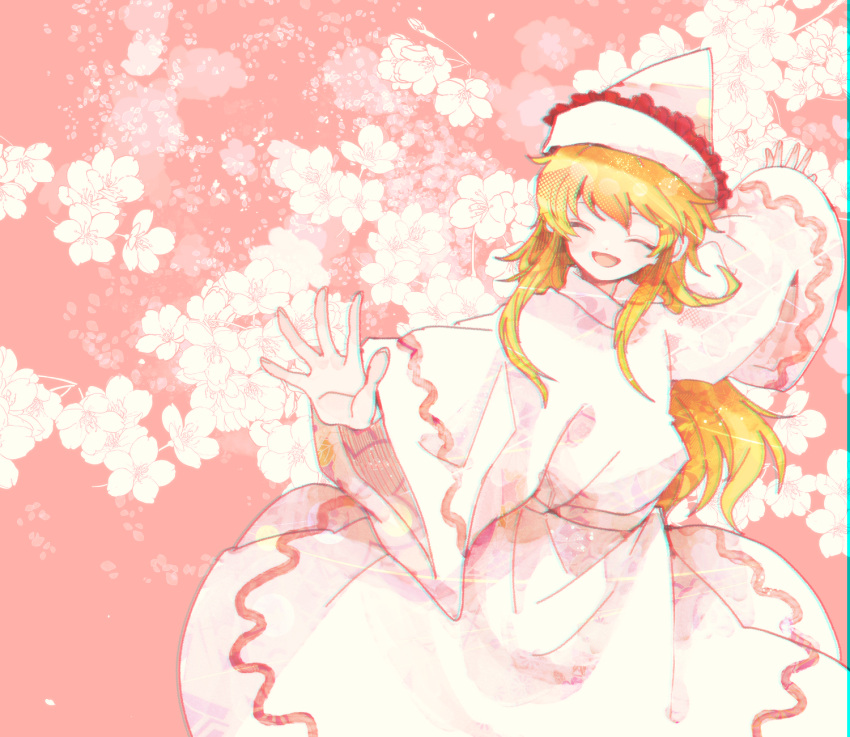 1girl bangs blonde_hair bow closed_eyes dress eyebrows_visible_through_hair fairy hat highres itomugi-kun lily_white long_hair long_sleeves open_mouth red_bow smile solo touhou white_dress white_headwear white_sleeves wide_sleeves wings