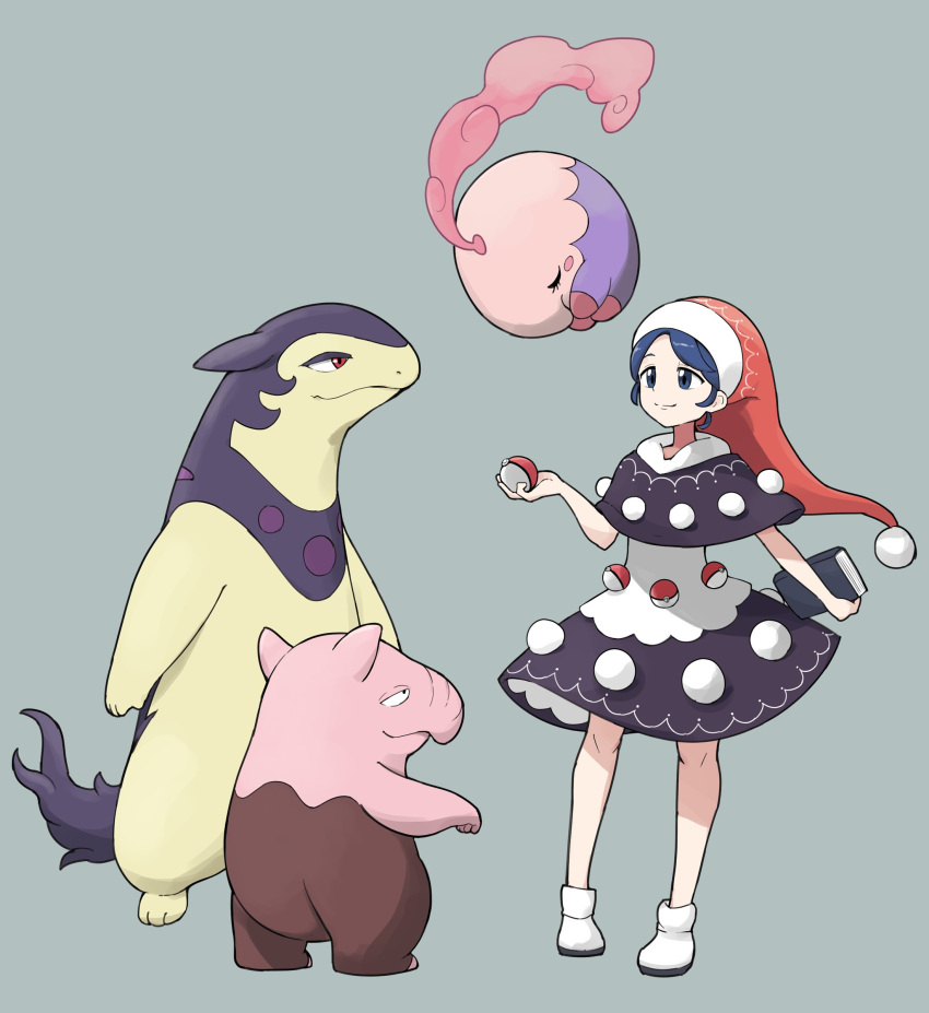 1girl absurdres bangs black_capelet blue_eyes blush blush_stickers book capelet closed_mouth crossover dark_blue_hair doremy_sweet dress drowzee floating full_body grey_background hat highres hisuian_typhlosion holding holding_book holding_poke_ball itatatata knees munna nightcap parted_bangs poke_ball pokemon pokemon_(game) pokemon_legends:_arceus pom_pom_(clothes) red_eyes red_headwear santa_hat shiny shiny_hair simple_background smile smoke standing touhou white_dress white_footwear