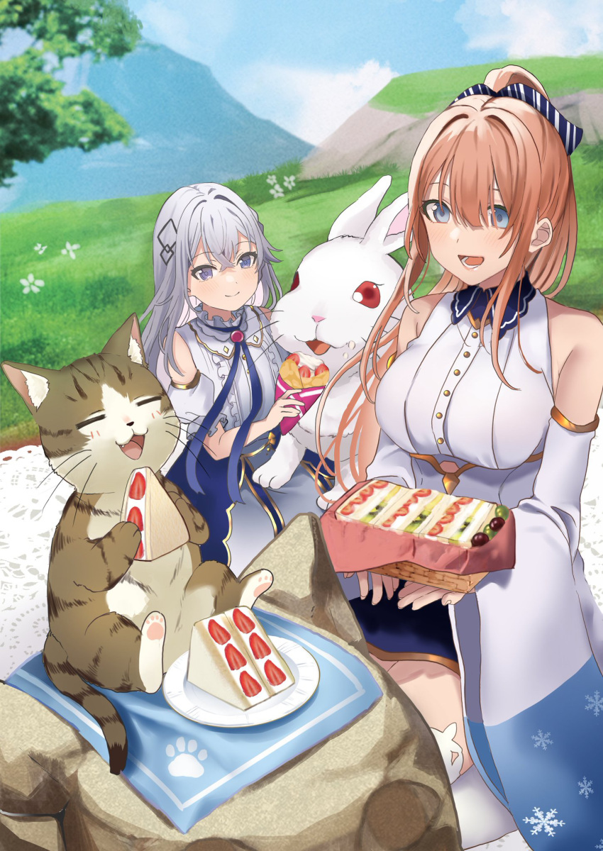 2girls bangs bare_shoulders blue_eyes cat closed_eyes closed_mouth commentary_request crossed_bangs detached_sleeves eating hair_ornament hamu_(plot_sy) highres long_hair long_sleeves looking_at_another multiple_girls orange_hair original outdoors picnic rabbit red_eyes silver_hair sitting smile whiskers wide_sleeves