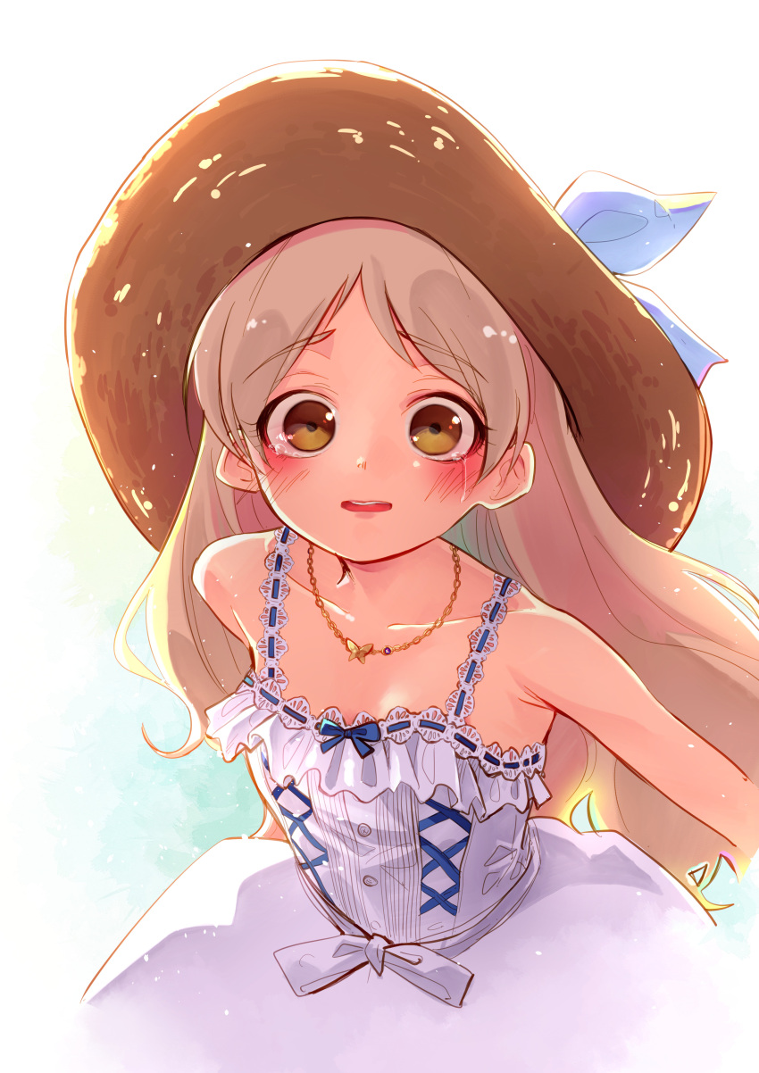 1girl absurdres artist_request bare_shoulders blonde_hair breasts brown_eyes collarbone crying dress eyebrows_visible_through_hair hat highres jewelry long_hair looking_at_viewer necklace original small_breasts solo tears white_dress
