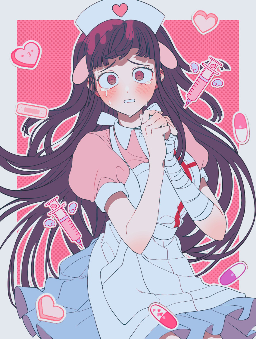 1girl apron bandaged_arm bandages bandaid bangs black_hair blue_skirt blush bong_(0u0bon) breasts crying danganronpa_(series) danganronpa_2:_goodbye_despair hands_up hat heart highres large_breasts long_hair looking_at_viewer mole mole_under_eye nurse nurse_cap open_mouth own_hands_together pink_background pink_hair pleated_skirt puffy_short_sleeves puffy_sleeves shirt short_sleeves skirt smile solo syringe tears tsumiki_mikan white_background