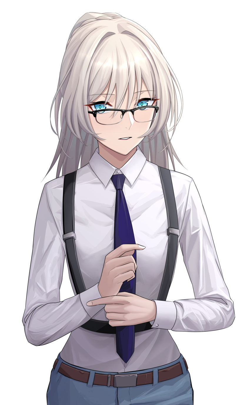 1girl absurdres an-94_(girls'_frontline) aqua_eyes bangs belt blonde_hair blue_necktie blue_pants breasts constantine-xii defy_(girls'_frontline) eyebrows_visible_through_hair girls_frontline glasses hair_between_eyes highres holding_necktie long_hair looking_at_viewer necktie open_mouth pants shirt small_breasts solo standing suspenders teeth white_background white_shirt