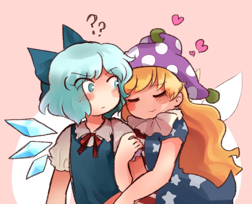 2girls ? ?? american_flag_dress bangs blonde_hair blue_bow blue_dress blue_eyes blue_hair blush bow bowtie cirno closed_mouth clouds clownpiece collared_shirt commentary_request dress eyebrows_visible_through_hair eyes_visible_through_hair fairy_wings grey_dress grey_shirt hair_bow hand_up hat heart hug ice ice_wings jester_cap long_hair looking_at_another multicolored_clothes multicolored_dress multiple_girls myomyo neck_ruff pink_background pink_heart polka_dot puffy_short_sleeves puffy_sleeves purple_headwear red_bow red_bowtie red_dress shirt short_hair short_sleeves star_(symbol) star_print striped striped_dress touhou white_background wings yuri