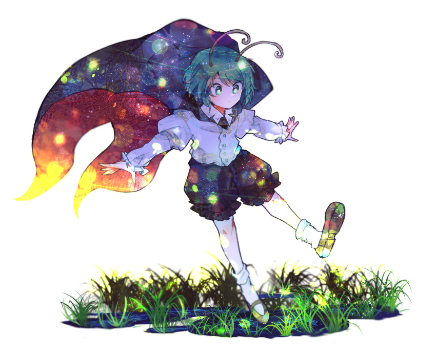 1girl arms_up bangs black_cloak black_shorts buttons cloak closed_mouth collared_shirt eyebrows_visible_through_hair grass green_eyes green_hair grey_footwear hands_up highres itomugi-kun leg_up long_sleeves looking_down puffy_long_sleeves puffy_sleeves shirt shoes short_hair shorts simple_background socks solo standing standing_on_one_leg touhou white_background white_legwear white_shirt wriggle_nightbug