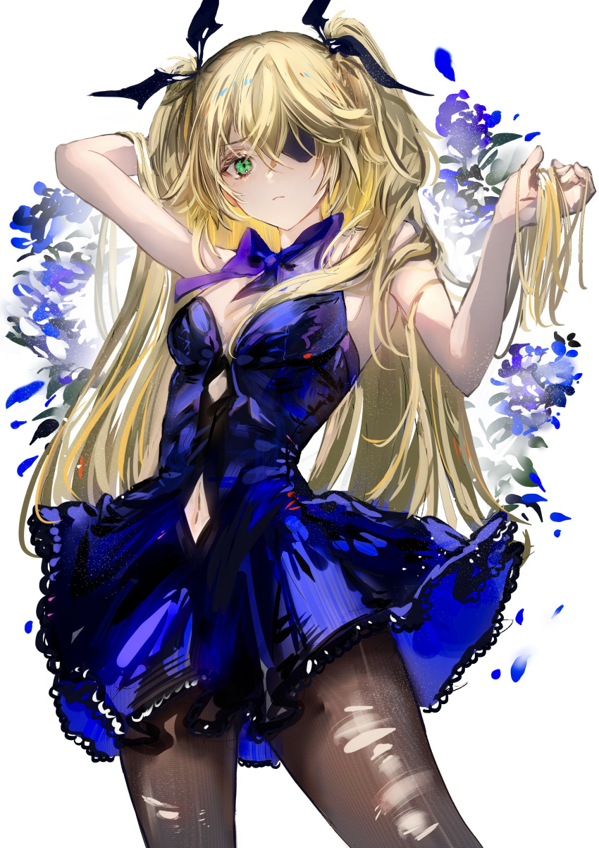 1girl absurdres arm_up bangs bare_shoulders black_ribbon blonde_hair blue_bow blue_dress blush bow bowtie breasts brown_legwear closed_mouth clothing_cutout commentary dress eyepatch fischl_(genshin_impact) frown genshin_impact green_eyes hair_between_eyes hair_ornament hair_ribbon hand_in_hair hand_up highres long_hair looking_at_viewer nanaponi navel_cutout ribbon simple_background small_breasts solo thigh-highs torn_clothes torn_legwear two_side_up white_background
