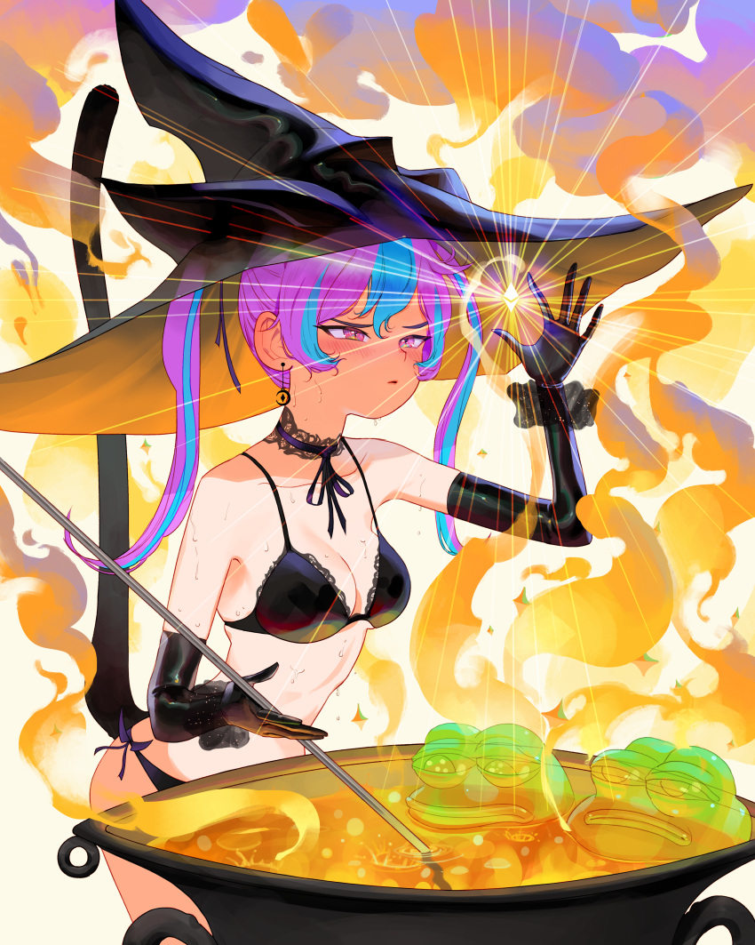 1girl absurdres bangs bikini black_bikini black_choker black_gloves black_headwear blue_hair blush boy's_club breasts cat_tail cauldron choker commentary cowboy_shot crescent crescent_earrings earrings elbow_gloves english_commentary gloves hat highres holding jewelry looking_away medium_breasts multicolored_hair original parted_lips partially_submerged pepe_the_frog purple_hair standing sweat swimsuit tail tail_raised two-tone_hair violet_eyes white_background witch_hat wonbin_lee