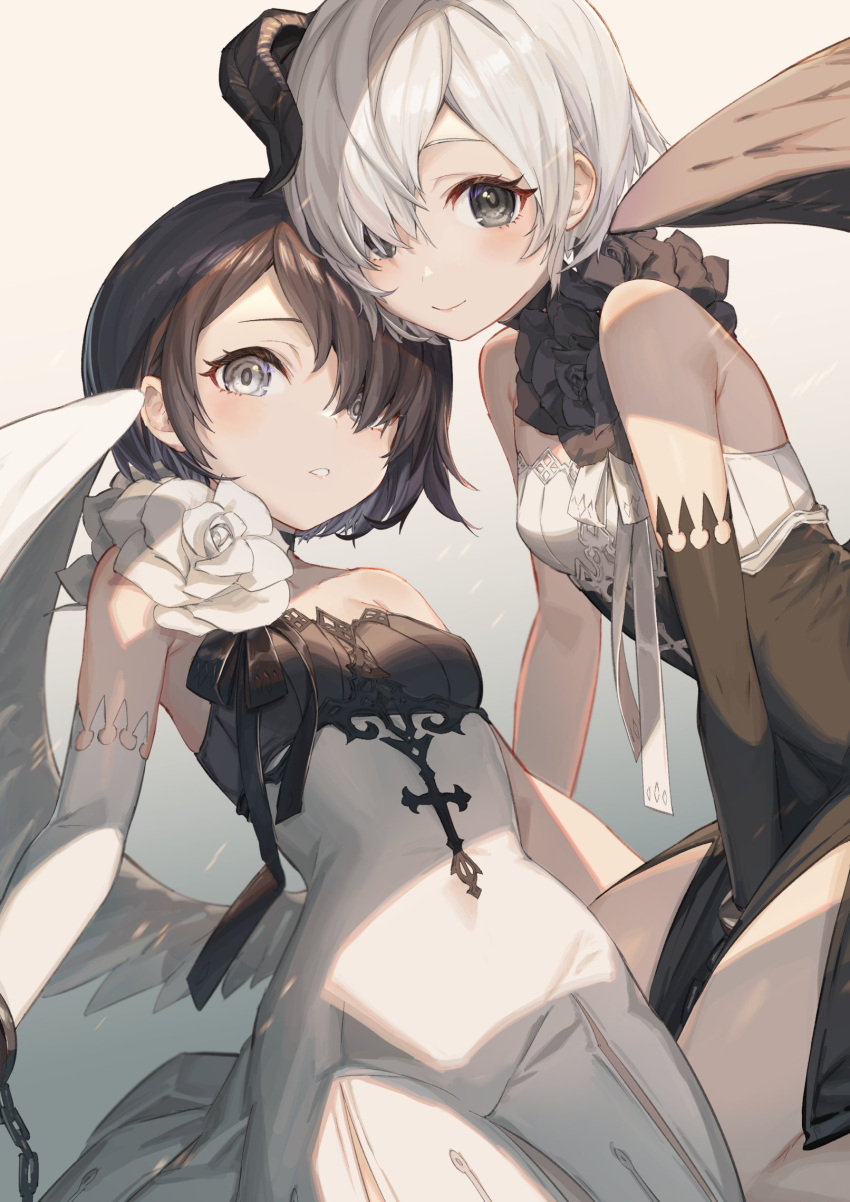 2girls beatrice_(masterwork_apocalypse) black_choker black_dress black_eyes black_flower black_gloves black_hair black_horns black_ribbon black_vs_white black_wings blush breasts chain choker closed_mouth commentary contrast curled_horns dress elbow_gloves flower gloves gradient gradient_background grey_eyes hair_over_one_eye highres horns looking_at_viewer masterwork_apocalypse multiple_girls parted_lips ribbon shadow short_hair single_elbow_glove single_horn single_wing small_breasts smile strapless strapless_dress teeth virgil_(masterwork_apocalypse) white_dress white_flower white_gloves white_hair white_ribbon white_wings wings yu-ri