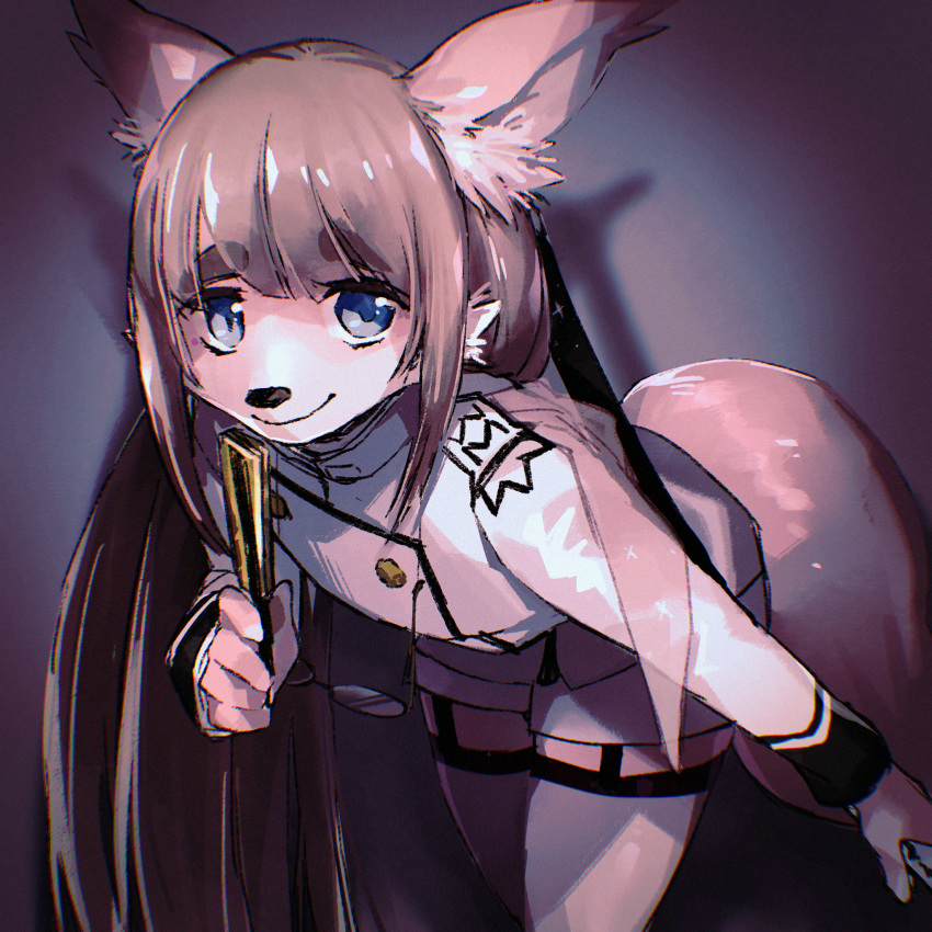 1boy androgynous animal_ears bent_over blue_eyes brown_fur brown_hair dog_boy dog_ears dog_tail eyebrows_visible_through_hair eyewear_removed furry furry_male garter_straps glasses hand_fan highres holding holding_sword holding_weapon jinnai10 long_hair male_focus pink_fur solo sword tail tanetomo_(housamo) thigh-highs tokyo_afterschool_summoners uniform weapon white_fur