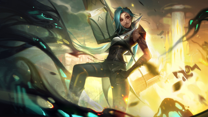 1girl 1other absurdres alternate_costume armor bangs black_pants breasts contrapposto explosion green_hair hand_on_hip highres holding holding_weapon jinx_(league_of_legends) league_of_legends long_hair mouth_hold outdoors pants parted_lips sentinel_(league_of_legends) shoulder_armor small_breasts smile solo_focus standing striped striped_pants teeth twintails vincent_t_(oriaarts) weapon