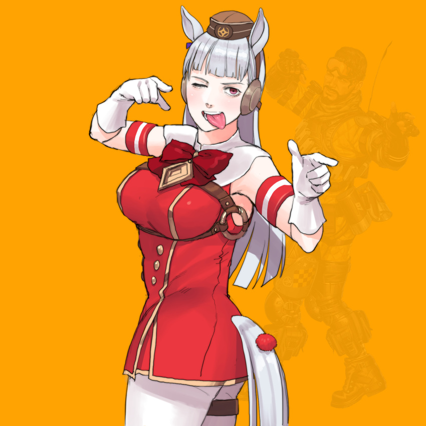 1boy 1girl animal_ears apex_legends arm_strap ass bow breast_strap breasts brown_headwear finger_gun gloves gold_ship_(umamusume) highres horse_ears horse_girl horse_tail jacket medium_breasts mirage_(apex_legends) one_eye_closed ookubo_menma pantyhose parody pointing projected_inset red_bow red_jacket silver_hair solo_focus tail thigh_strap tongue tongue_out twisted_torso umamusume v-shaped_eyebrows violet_eyes white_gloves white_legwear yellow_background