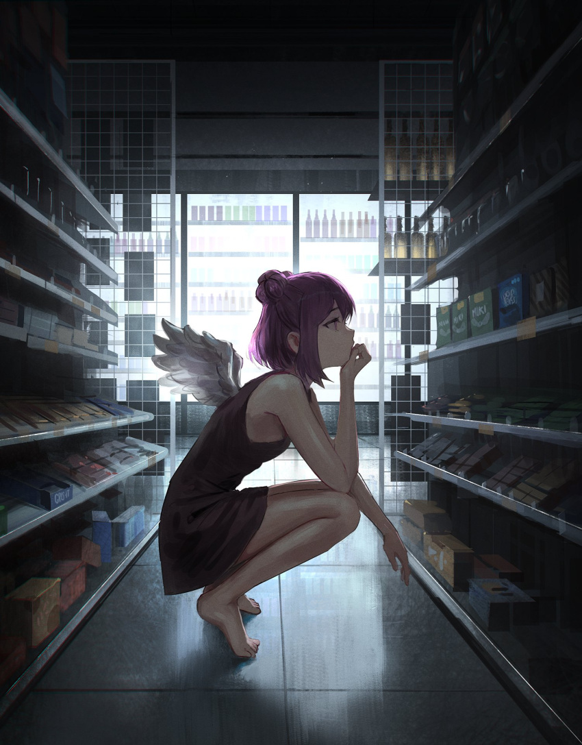 1girl bangs bare_legs barefoot black_dress bottle brown_eyes closed_mouth commentary dark double_bun dress elbow_on_knee feathered_wings full_body hair_between_eyes hand_on_own_chin hand_up head_rest highres indoors light looking_at_another looking_at_object original purple_hair short_hair sidelocks sleeveless sleeveless_dress solo squatting supermarket symbol-only_commentary thinking tied_hair vertigris white_wings wings