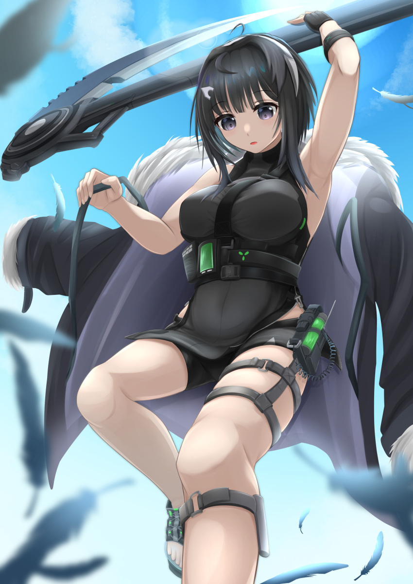 1girl absurdres arknights arm_up armpits bangs bare_arms bare_shoulders black_eyes black_hair black_jacket black_shirt black_shorts blue_sky breasts clouds commentary_request day engawa_(organic_sushi) eyebrows_visible_through_hair feathers foot_out_of_frame fur-trimmed_jacket fur_trim highres holding holding_scythe holding_weapon jacket jacket_removed la_pluma_(arknights) large_breasts looking_at_viewer parted_lips partial_commentary scythe shirt short_hair short_shorts shorts sky sleeveless sleeveless_shirt solo thigh_strap thighs weapon