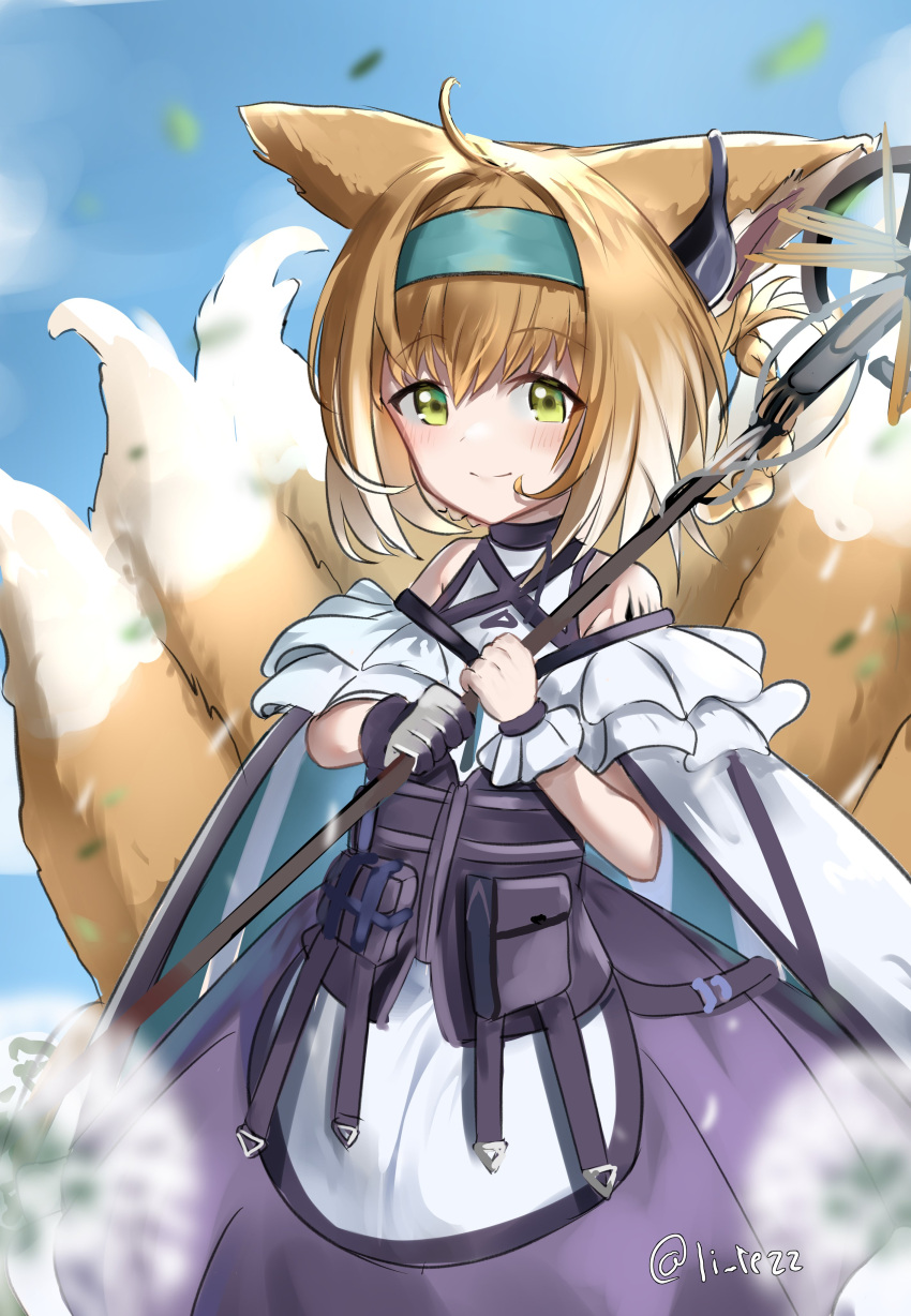 1girl absurdres ahoge animal_ears arknights bare_shoulders blue_hairband blue_sky blurry blurry_foreground blush braid brown_hair closed_mouth clouds commentary_request confetti day depth_of_field flower fox_ears fox_girl fox_tail gloves grey_gloves hair_rings hairband highres holding kitsune lalemper multicolored_hair outdoors pleated_skirt purple_skirt shirt skirt sky smile solo streaked_hair suzuran_(arknights) tail twin_braids twitter_username white_flower white_shirt