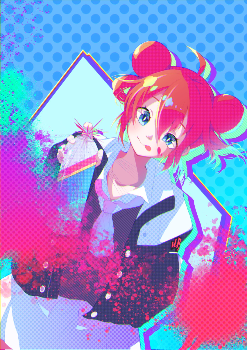 1girl absurdres ahoge blue_archive blue_background blue_eyes can collared_shirt double_bun dutch_angle graffiti hair_between_eyes highres holding holding_can jacket maki_(blue_archive) necktie open_clothes open_collar open_jacket paint_splatter paint_splatter_on_face polka_dot polka_dot_background redhead shi0n_krbn shirt skirt solo spray_can spray_paint tongue tongue_out white_skirt