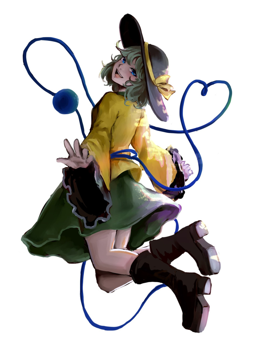 1girl :d black_footwear black_headwear blouse blue_eyes blush boots commentary eyebrows_behind_hair frilled_sleeves frills from_behind full_body green_hair green_skirt hat hat_ribbon head_tilt heart heart_of_string highres hoshiringo0902 koishi_day komeiji_koishi lips long_sleeves looking_at_viewer looking_back open_mouth outstretched_arms outstretched_hand ribbon short_hair simple_background skirt smile solo teeth third_eye tongue touhou white_background wide_sleeves yellow_blouse yellow_ribbon