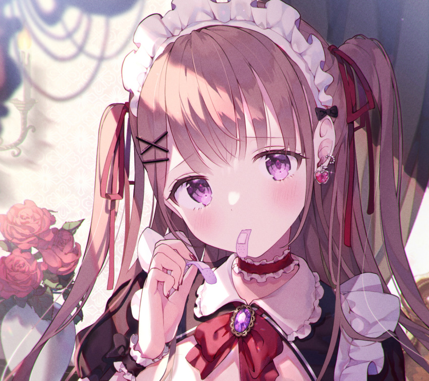 1girl amulet bandaid bangs black_bow black_dress blush bow bowtie brown_hair candle choker closed_mouth collar commentary_request dengeki_moeou dress earrings eyebrows_visible_through_hair flower frilled_choker frilled_collar frills hair_ornament hair_ribbon hairclip hand_up holding_bandaid jewelry kappe_reeka leaf long_hair looking_at_viewer maid maid_headdress mouth_hold nail_polish original portrait red_bow red_bowtie red_choker red_flower red_ribbon ribbon shade solo two_side_up vase violet_eyes wrist_cuffs