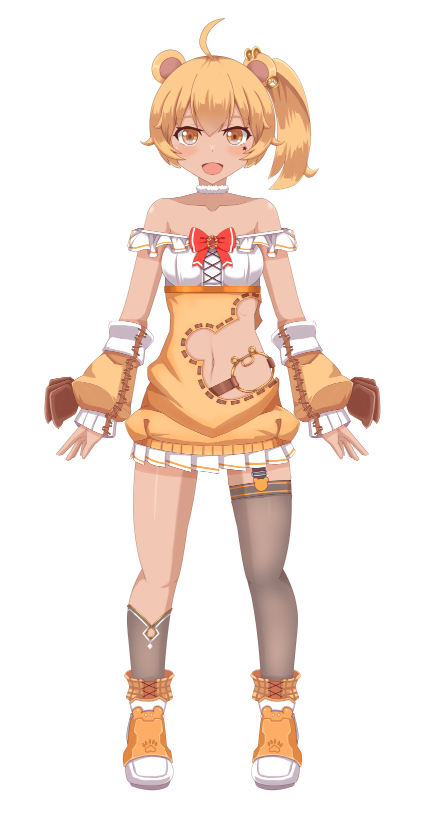 1girl :d absurdres ahoge animal_ears asymmetrical_legwear bangs bare_shoulders bear_ears black_legwear blush bow brown_eyes brown_hair brown_sleeves collarbone commentary_request copyright_request detached_sleeves ear_piercing eyebrows_visible_through_hair facial_mark frilled_shirt frills full_body fuyuki8208 hair_between_eyes highres long_sleeves navel off-shoulder_shirt off_shoulder piercing pleated_skirt ponytail puffy_long_sleeves puffy_sleeves red_bow shirt simple_background single_sock single_thighhigh skirt sleeves_past_wrists smile socks solo standing star_(symbol) tail thigh-highs virtual_youtuber white_background white_shirt white_skirt