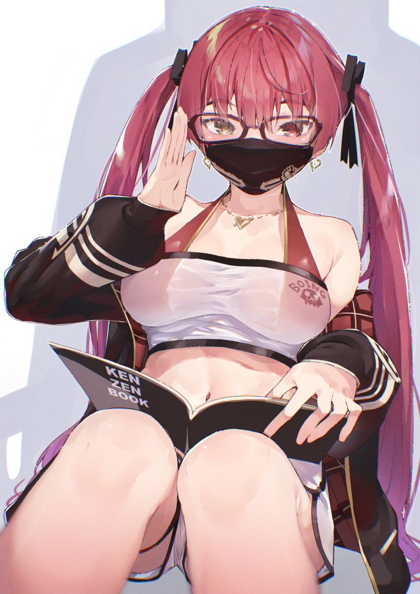 1girl absurdres bangs bare_shoulders bikini black_jacket black_ribbon book commentary_request earrings glasses hair_ribbon hand_up heart heart_earrings heterochromia highres hololive houshou_marine jacket jewelry koubou_(cowbow_kun) long_hair long_sleeves mask mouth_mask open_book open_clothes open_jacket puffy_long_sleeves puffy_sleeves red_bikini red_eyes redhead ribbon see-through shorts sitting solo swimsuit twintails very_long_hair virtual_youtuber white_shorts yellow_eyes