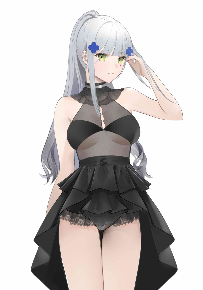 1girl absurdres alternate_costume arm_up bangs bare_arms bare_shoulders black_dress blunt_bangs breasts chilli_646 closed_mouth cowboy_shot dress eyebrows_visible_through_hair girls_frontline green_eyes hair_ornament hand_in_hair highres hk416_(girls'_frontline) large_breasts looking_at_viewer panties see-through short_dress sidelocks simple_background smile solo thigh_gap underwear white_background white_panties