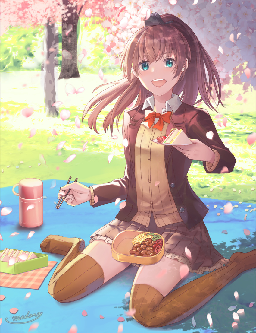 1girl aqua_eyes artist_name blouse blush brown_cardigan brown_hair brown_legwear brown_skirt buttons cardigan cherry_blossoms chopsticks commission food hair_between_eyes highres holding holding_chopsticks kantai_collection kumano_(kancolle) kumano_kai_ni_(kancolle) long_hair long_sleeves medara neck_ribbon open_mouth petals pleated_skirt ponytail red_ribbon ribbon round_teeth sandwich school_uniform signature sitting skeb_commission skirt smile solo teeth thigh-highs tree upper_teeth wariza white_blouse