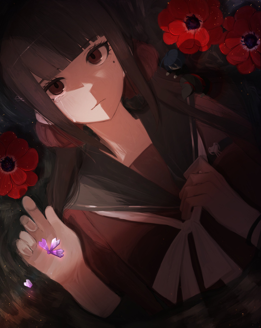 1girl absurdres bangs blunt_bangs bow bowtie closed_mouth commentary_request danganronpa_(series) danganronpa_v3:_killing_harmony eyebrows_visible_through_hair flower grey_bow grey_bowtie hair_ornament hairclip harukawa_maki highres liu_fenshou long_hair looking_at_viewer low_twintails lying mole mole_under_eye on_back red_eyes red_flower red_scrunchie red_shirt scrunchie shirt solo twintails