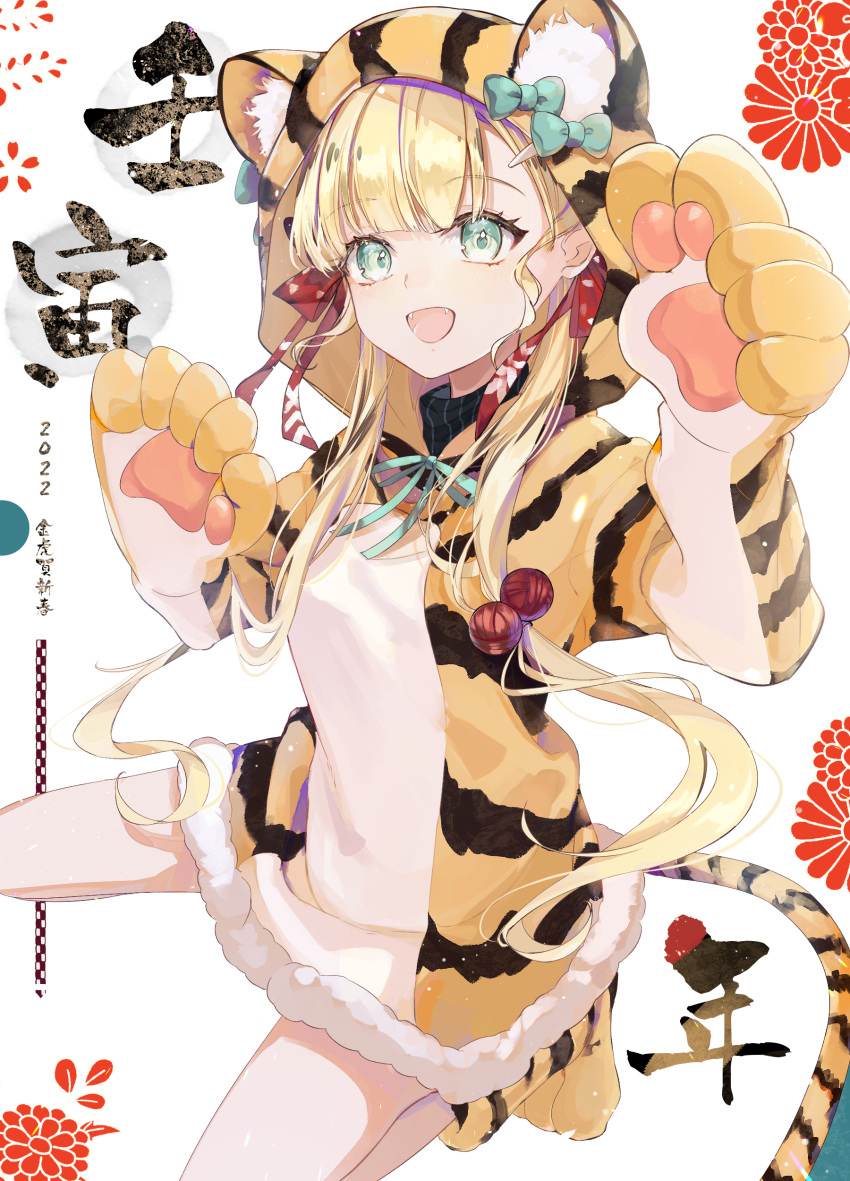 1girl 2022 :d absurdres animal_costume animal_ears animal_hood animal_print bangs blonde_hair blue_bow bow chinese_zodiac commentary_request eyebrows_visible_through_hair fake_animal_ears fangs fur_trim green_eyes hand_up highres hood long_hair looking_at_viewer original paw_shoes smile solo tiger_costume tiger_ears tiger_hood tiger_print twintails very_long_hair white_background year_of_the_tiger yellow_footwear yuizayomiya