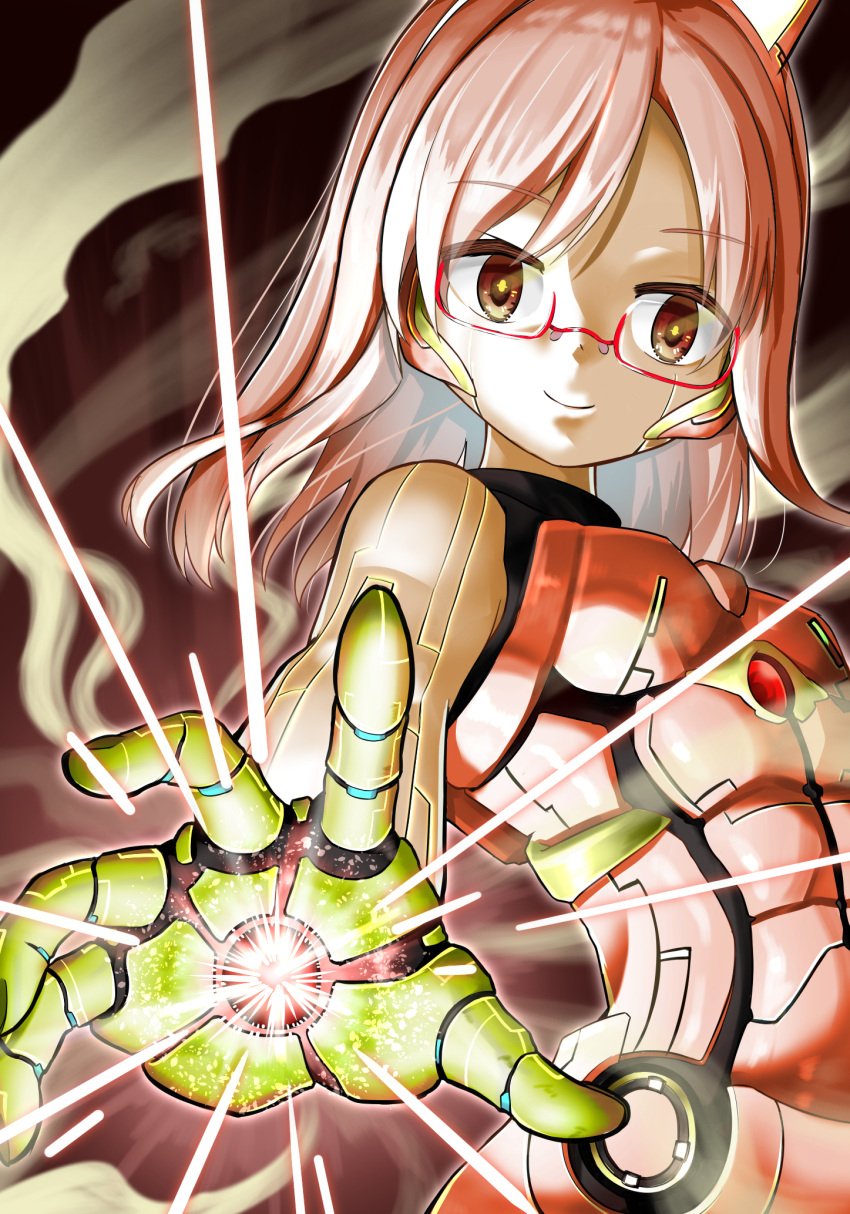 1girl aiming_at_viewer android armor calabo commentary_request eyebrows_visible_through_hair flat_chest glasses highres looking_at_viewer medium_hair original palm_blast pink_hair semi-rimless_eyewear smile solo under-rim_eyewear yellow_eyes