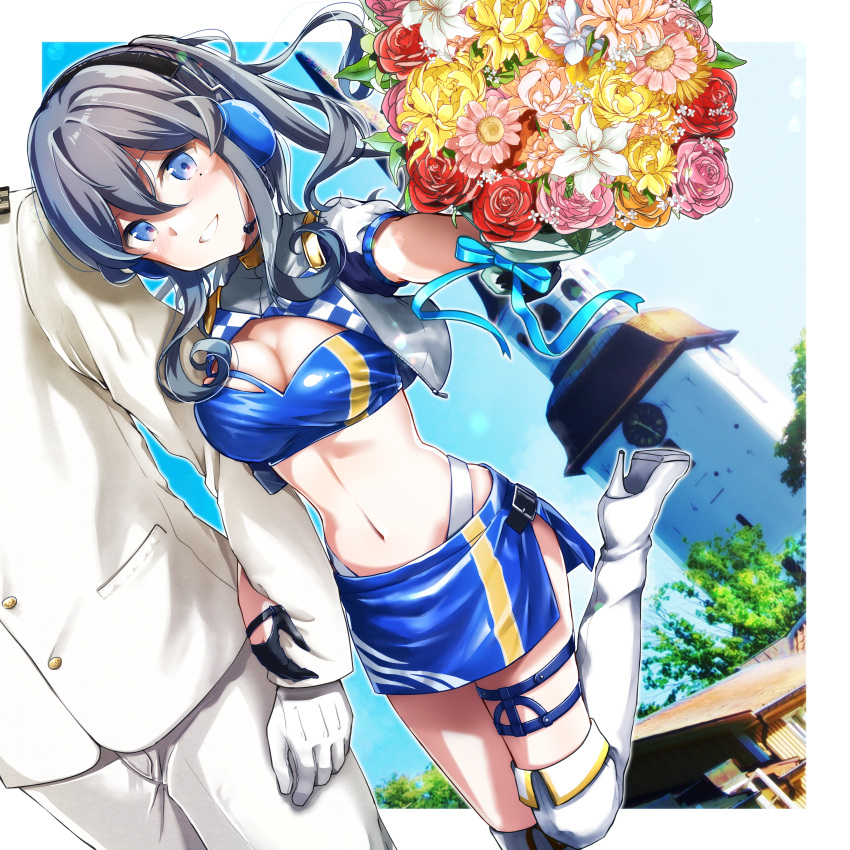 1boy 1girl absurdres admiral_(kancolle) arm_hug black_gloves blue_bandeau blue_eyes blue_hair blue_skirt boots bouquet church_tower cowboy_shot cropped_jacket dutch_angle gloves gotland_(kancolle) hair_bun half_gloves head_out_of_frame headphones headset highleg highleg_panties highres jacket kantai_collection long_hair looking_at_viewer microphone mole mole_under_eye official_alternate_costume panties parted_lips ponytail racequeen skirt smile solo_focus thigh-highs thigh_boots underwear watarino white_footwear white_jacket white_legwear white_panties