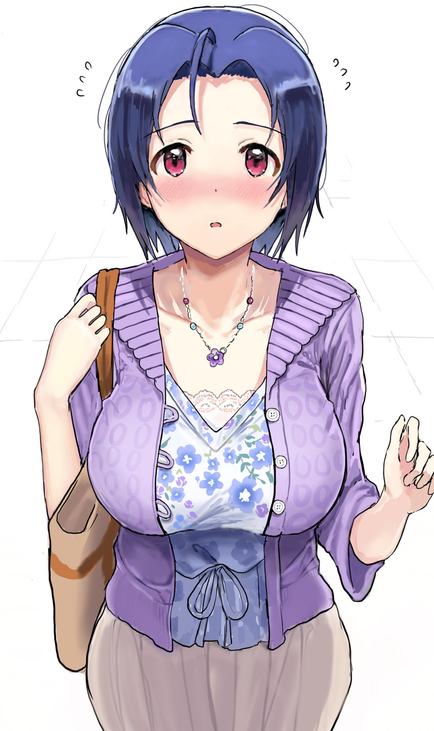 1girl :o absurdres ahoge alternate_costume blush breasts collarbone dark_blue_hair floral_print flying_sweatdrops forehead highres hitodama_(madatohi) idolmaster idolmaster_(classic) idolmaster_million_live! jacket jewelry large_breasts looking_at_viewer miura_azusa necklace pleated_skirt purple_jacket red_eyes short_hair skirt solo