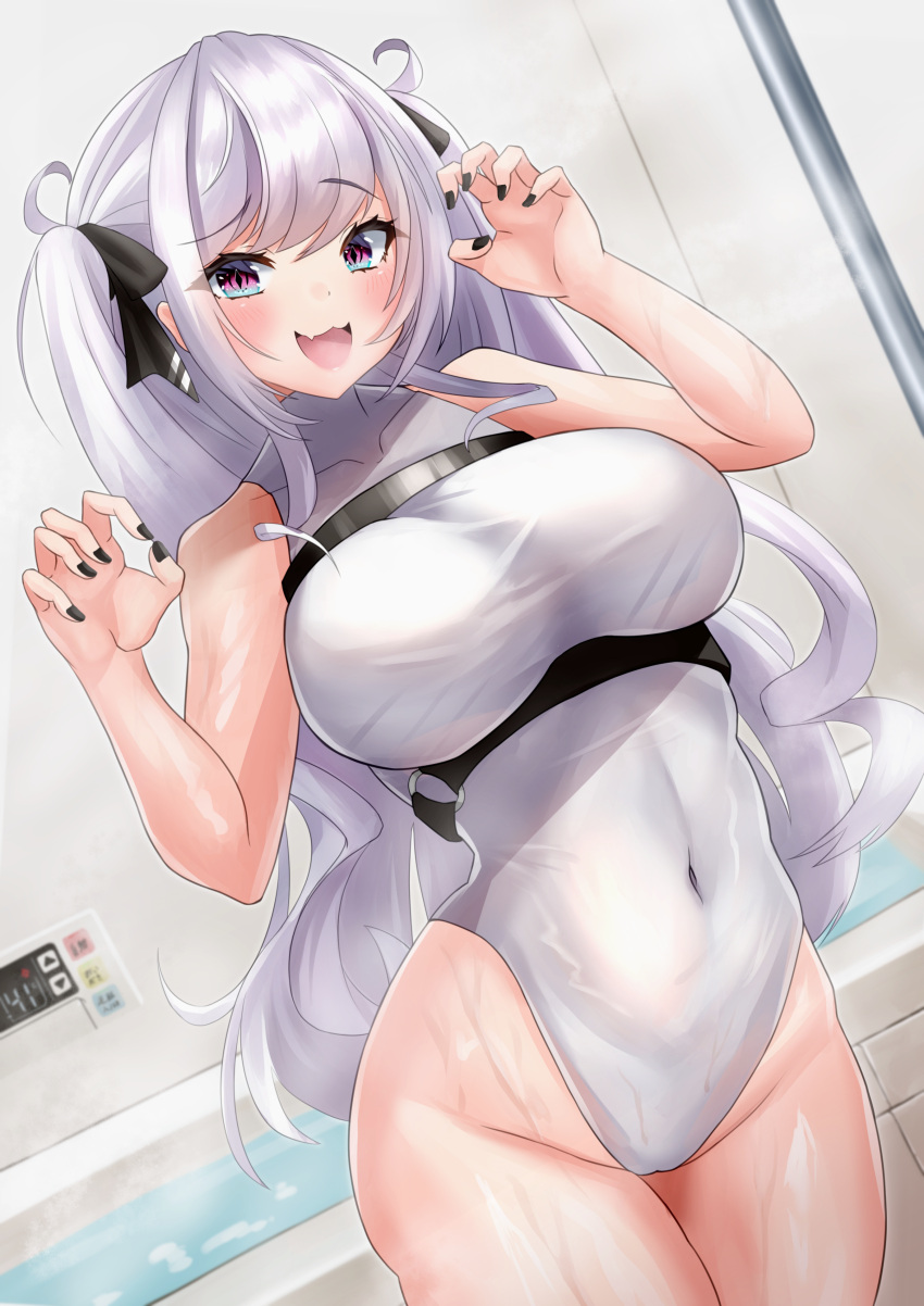 1girl absurdres azur_lane bath bathroom bathtub bouhuuu breasts claw_pose dripping elbe_(azur_lane) hair_ribbon highres large_breasts legs_together leotard open_mouth ribbon skin_tight skindentation solo steam thick_thighs thighs twintails violet_eyes wet white_hair white_leotard