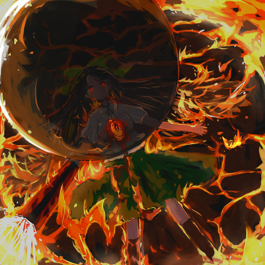 1girl absurdres arm_cannon bird_wings black_hair bow breasts bubble burning crying crying_with_eyes_open feathered_wings feet_out_of_frame fire green_bow green_skirt hair_bow highres ichinose_(kurui96) large_breasts long_hair lying molten_rock on_back outstretched_arms red_eyes reiuji_utsuho shirt short_sleeves skirt solo somber spread_wings tears third_eye touhou weapon white_shirt wings