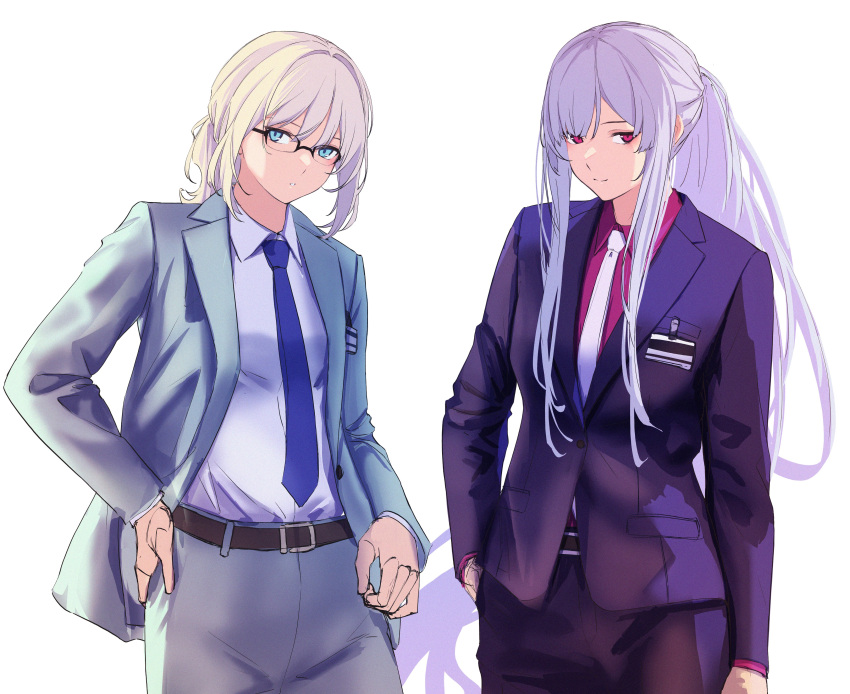 2girls 3_small_spiders absurdres ak-12_(girls'_frontline) an-94_(girls'_frontline) aqua_eyes aqua_jacket bangs belt blonde_hair blue_necktie closed_mouth eyebrows_visible_through_hair formal girls_frontline hand_in_pocket highres id_card jacket long_hair looking_at_viewer multiple_girls necktie official_alternate_costume open_clothes open_jacket pants ponytail purple_jacket red_shirt shirt silver_hair smile standing suit violet_eyes white_background white_necktie white_shirt