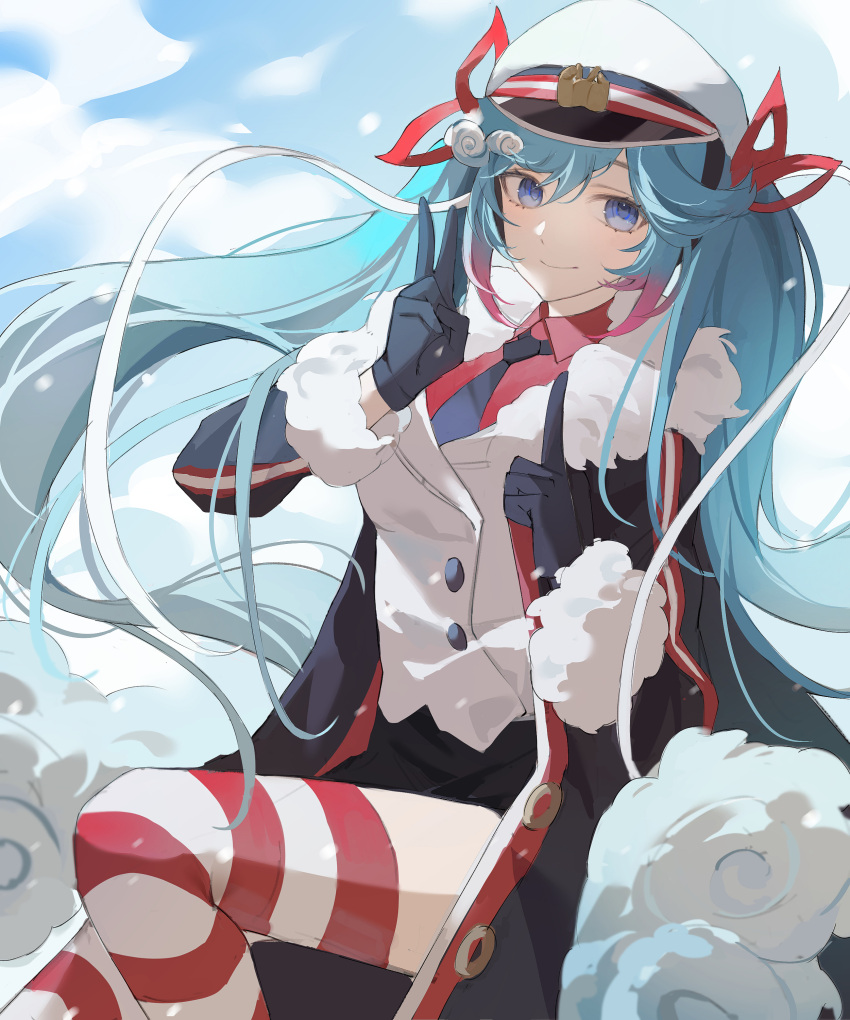 1girl absurdres bangs black_coat black_gloves black_necktie blue_eyes blue_sky closed_mouth coat collared_shirt commentary_request day fur-trimmed_coat fur_trim gloves hair_ribbon hands_up hat hatsune_miku highres index_finger_raised jacket long_hair long_sleeves looking_at_viewer necktie open_clothes open_coat peaked_cap red_ribbon red_shirt ribbon shirt sky smile solo striped striped_legwear thigh-highs twintails v very_long_hair vocaloid white_headwear white_jacket wind yiyizi yuki_miku_(2022)