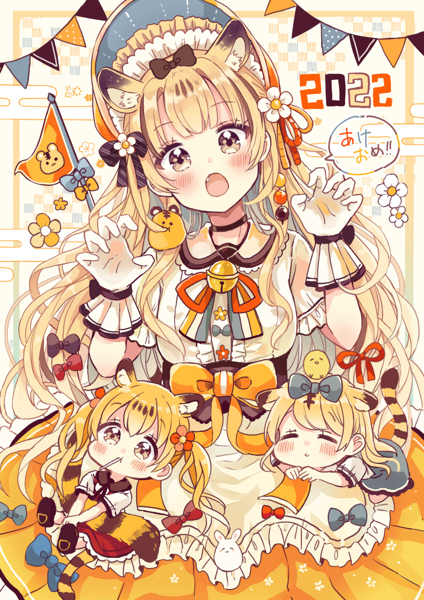 2022 3girls :o :t absurdres animal_ears apron bell black_choker blonde_hair blue_bow blue_skirt blush bow brown_eyes brown_hair center_frills checkered_background chibi chinese_zodiac choker closed_eyes closed_mouth collared_shirt commentary_request egasumi fang flower frilled_apron frilled_skirt frills gloves hair_bow hair_flower hair_ornament head_tilt highres jingle_bell long_hair mouth_hold multicolored_hair multiple_girls open_mouth orange_skirt original parted_lips pennant pink_flower pleated_skirt red_flower red_skirt revision sakura_oriko shirt skirt sleeping streaked_hair string_of_flags striped_tail tail tiger_ears tiger_girl tiger_tail translated twintails very_long_hair waist_apron white_apron white_flower white_gloves white_shirt year_of_the_tiger