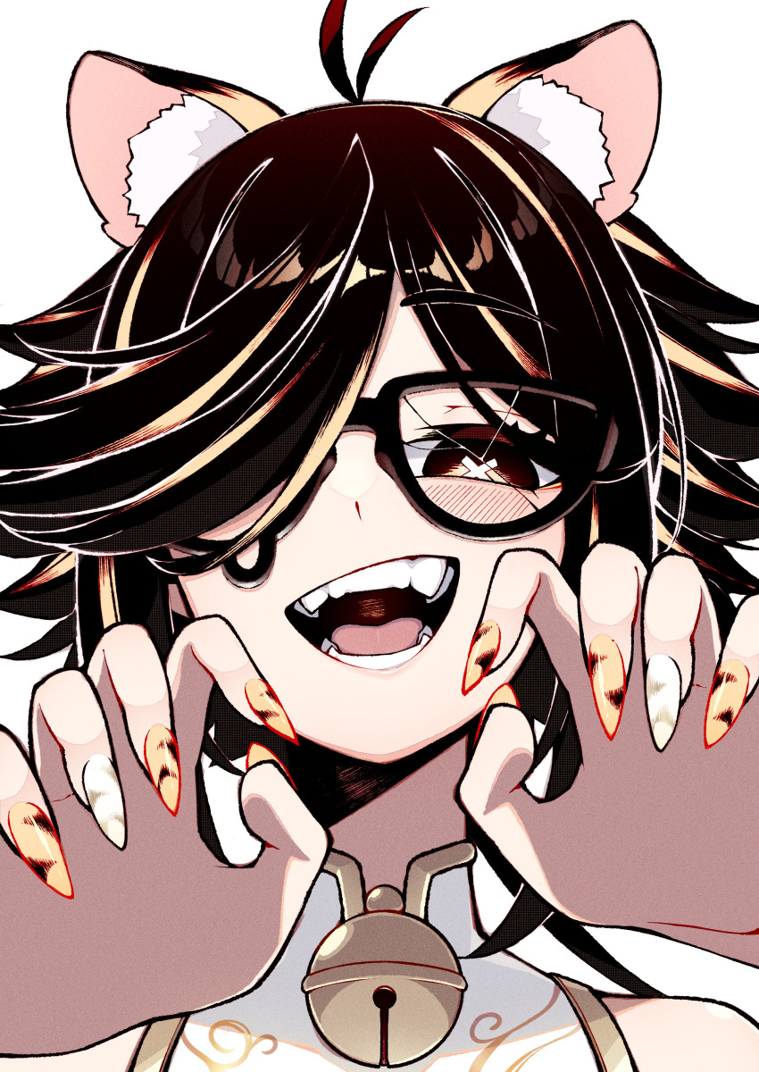 1girl absurdres animal_ear_fluff animal_print bangs black_eyes black_hair blush brown_eyes china_dress chinese_clothes chinese_zodiac cracked_glass dress fangs glasses hair_over_one_eye highres kemonomimi_mode multicolored_hair nail_polish one_eye_covered open_mouth orange_hair original smile solo streaked_hair tiger_print unexistarts uni_(unexistarts) white_background white_dress year_of_the_tiger