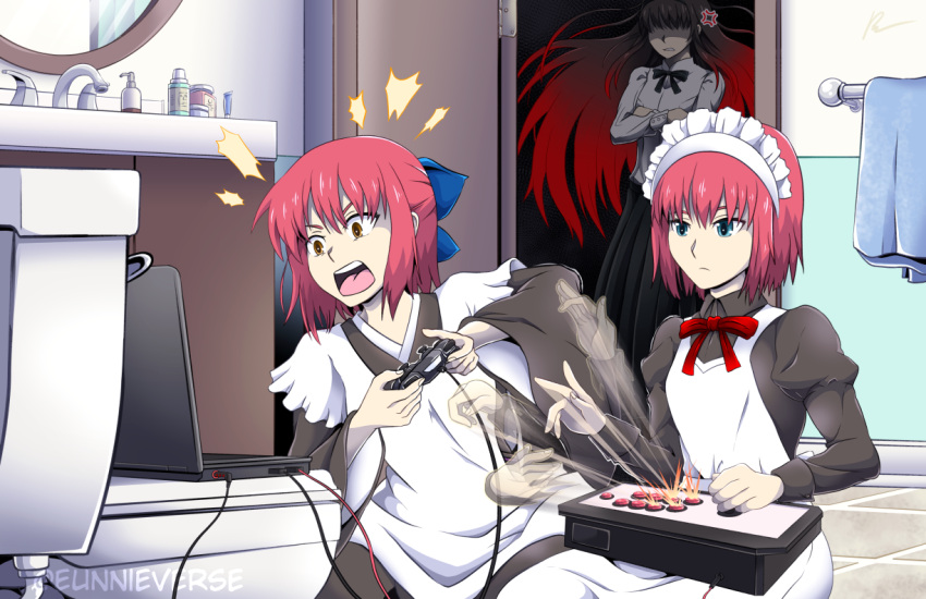 3girls afterimage apron arcade_stick artist_name black_dress black_kimono black_skirt blue_eyes blue_ribbon bow bowtie brown_eyes collarbone commentary computer controller crossed_arms door dress english_commentary eunnieverse expressionless floating_hair game_controller hair_ribbon half_updo hisui_(tsukihime) holding holding_controller indoors japanese_clothes joystick juliet_sleeves kimono kohaku_(tsukihime) laptop long_hair long_skirt long_sleeves maid maid_apron maid_headdress medium_hair melty_blood mirror multiple_girls open_mouth playing_games pleated_skirt puffy_sleeves red_bow red_bowtie redhead ribbon shirt sidelocks silver_hair skirt standing tohno_akiha toilet_use towel tsukihime wa_maid watermark white_shirt