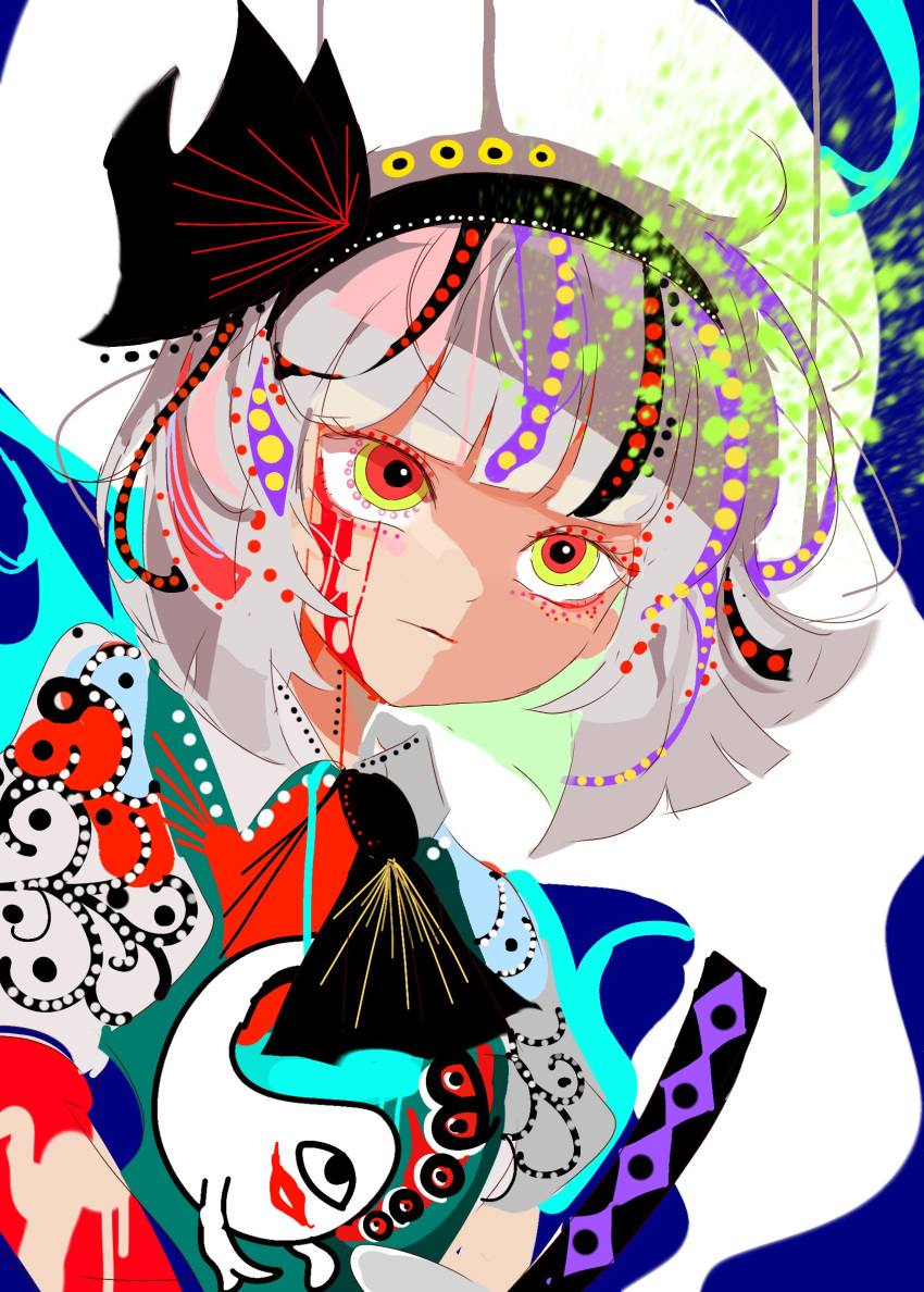 1girl :| abstract ascot bangs black_ascot black_hairband blood blood_from_eyes blunt_bangs closed_mouth collared_shirt comkdom commentary ghost green_vest grey_hair hair_ribbon hairband highres konpaku_youmu lips looking_afar multicolored_eyes one-eyed red_eyes ribbon shirt short_hair solo touhou upper_body vest white_shirt yellow_eyes