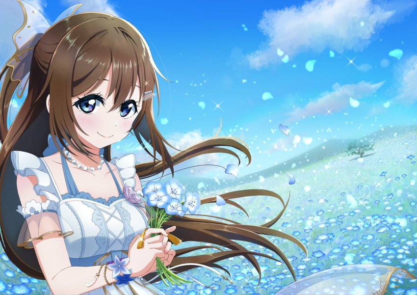 1girl anata_no_risou_no_heroine bangs blue_dress blue_eyes blush bow bracelet brown_hair center_frills closed_mouth collarbone cross-laced_clothes cross-laced_dress detached_sleeves dress field flower flower_bracelet flower_field frilled_dress frills hair_between_eyes hair_bow half_updo holding holding_flower jewelry lace-trimmed_dress lace_trim long_hair looking_at_viewer love_live! love_live!_nijigasaki_high_school_idol_club love_live!_school_idol_festival_all_stars necklace ousaka_shizuku pearl_necklace ponytail satolive20 see-through_sleeves sleeveless sleeveless_dress smieska solo underbust