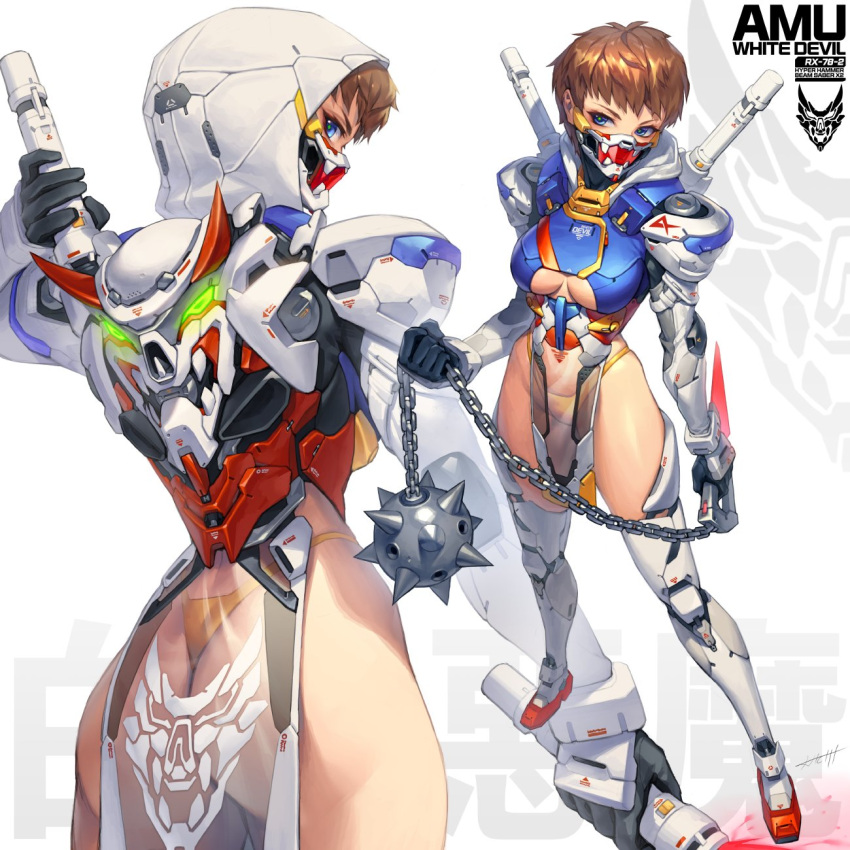 1girl ass beam_saber blue_eyes breasts brown_hair close-up english_commentary flail full_body gundam hichi highres holding holding_weapon hood hood_down hood_up mask mecha_musume medium_breasts mobile_suit_gundam mouth_mask ninja_mask original pelvic_curtain personification rx-78-2 see-through short_hair thigh-highs under_boob very_short_hair weapon white_background
